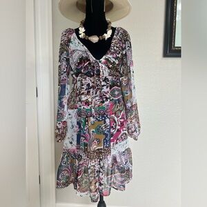 Elan Pink and Purple Long Sleeve V-Neck Sundress